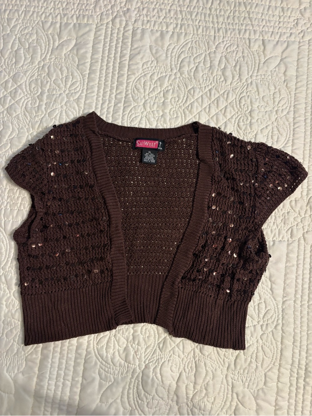 Say What? Chocolate Brown Short-Sleeve Sequin Knit Shrug Y2K